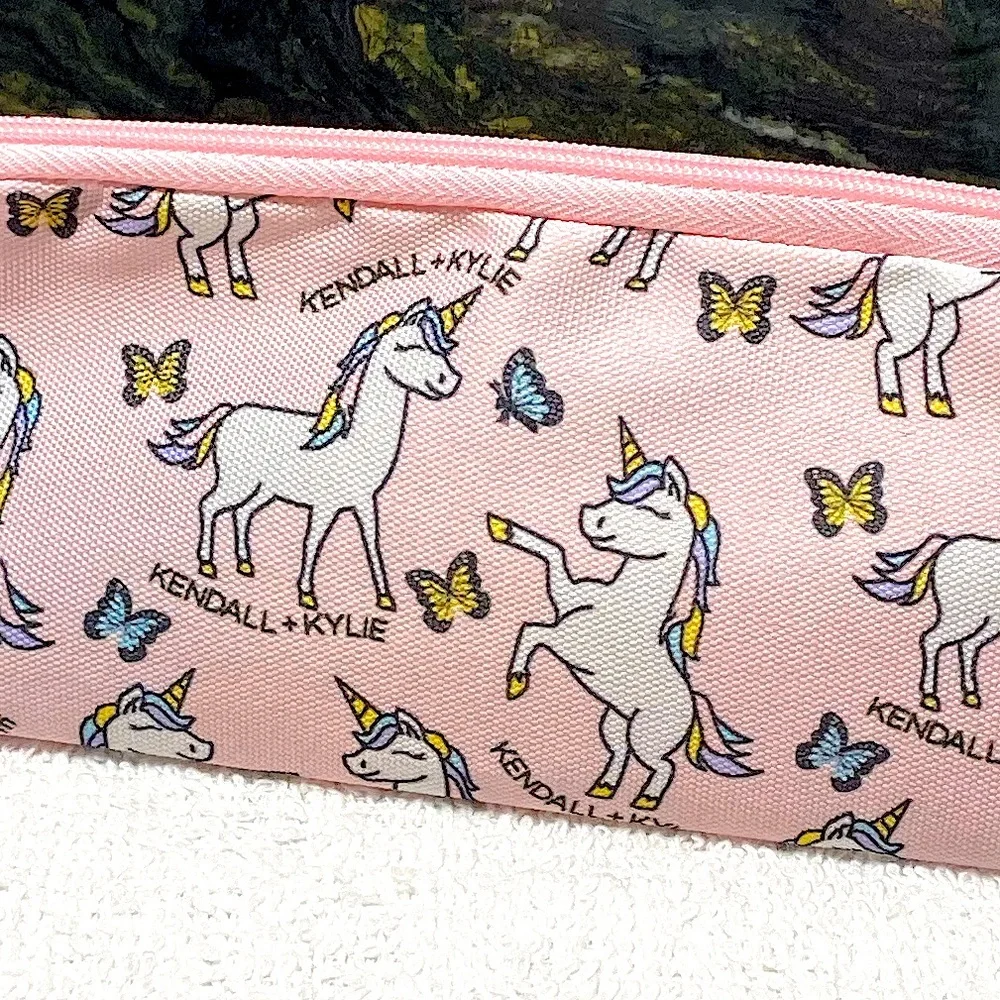 Kendall + Kylie Unicorns and Butterflies Print Bag Pouch Pink Zip Top New